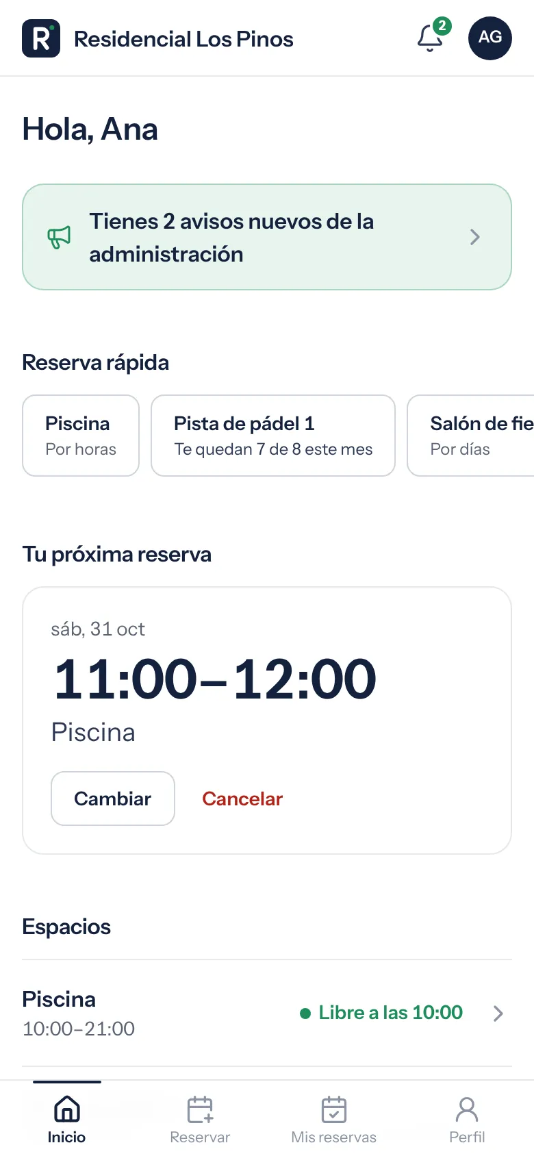 Inicio de un vecino: avisos nuevos, reserva rápida con el cupo restante y su próxima reserva